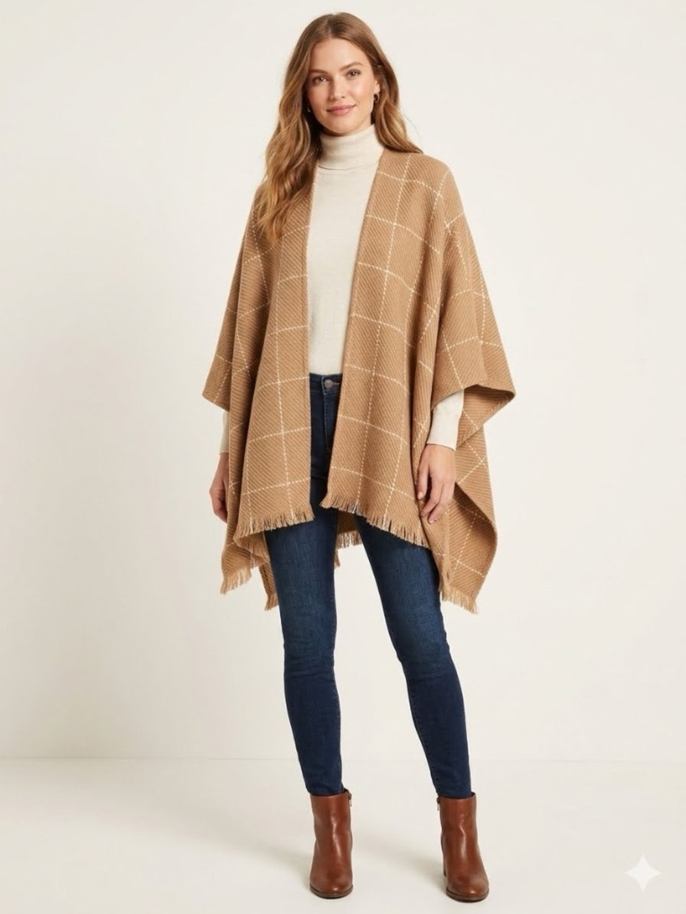 LOFT Camel Windowpane Plaid Open Front Fringe Poncho XS/S
